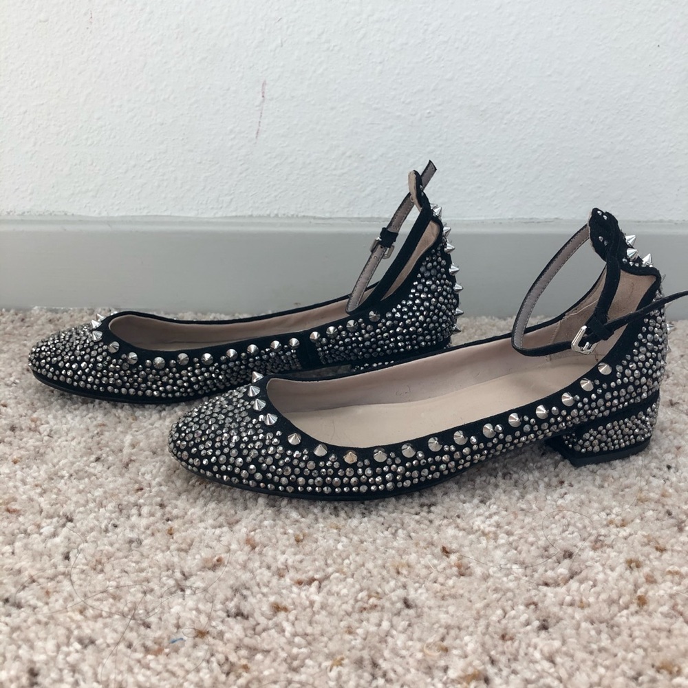 • Zara Black Suede Silver Stud Ankle Strap Flats •